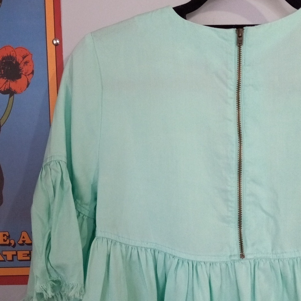 Crown and Ivy Mint Blue-Green Babydoll Pleated Bell Sleeve Blouse - Picture 13 of 13
